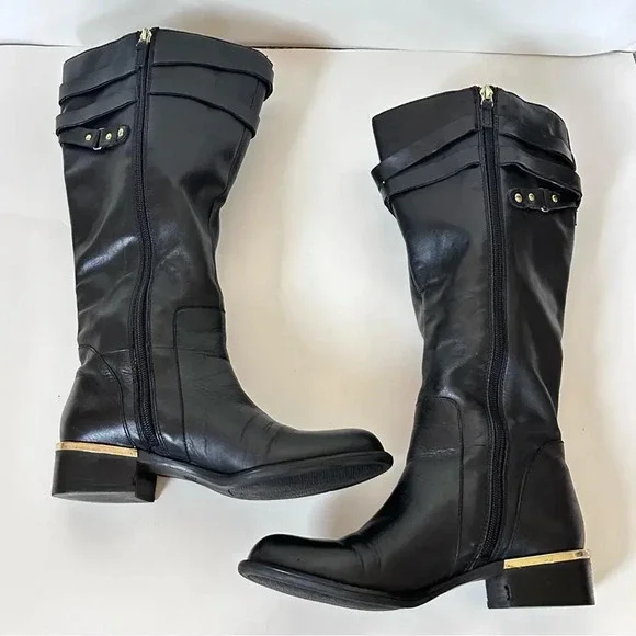 Franco Sarto Celeste Leather Knee High Boots Womens Size 6 M-W/C Black Gold - Picture 7 of 12